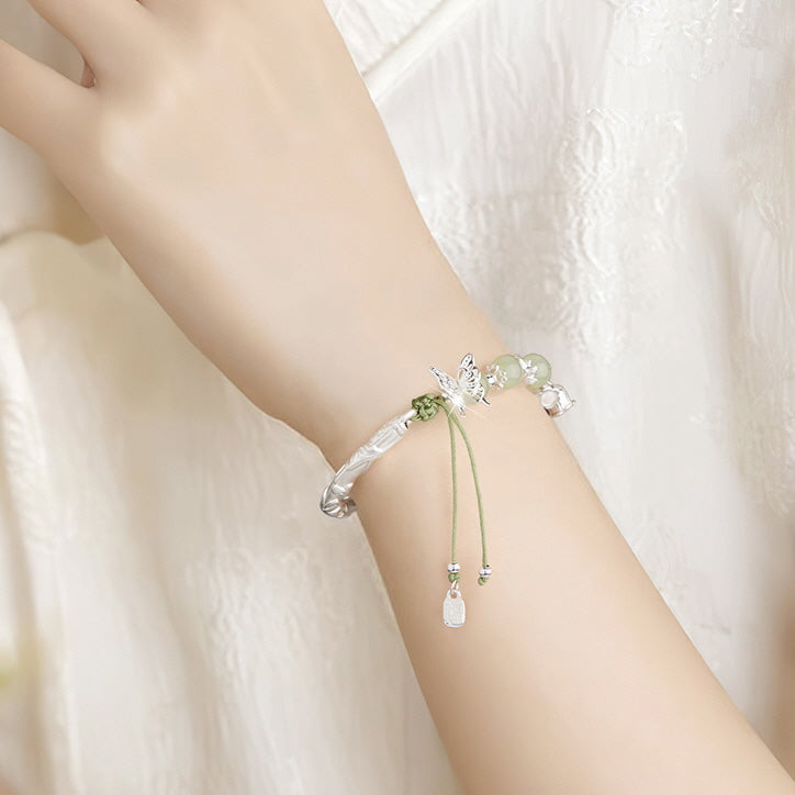 Silver Butterfly Green Cord Bracelet