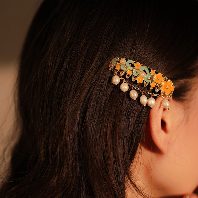 Oriental Blossom Pearl Dangle Hairpin