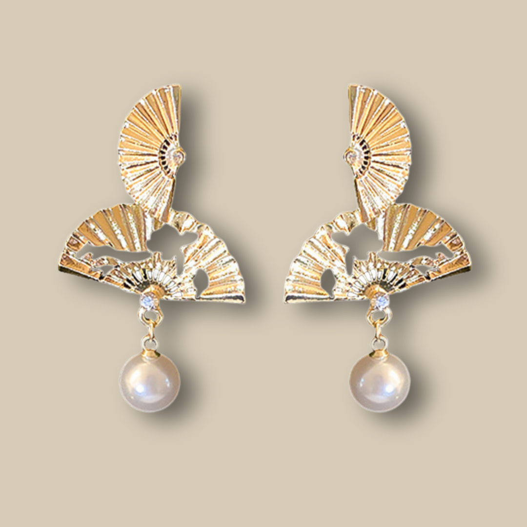 Golden Fan-shaped Pearl Earrings