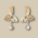 Golden Fan-shaped Pearl Earrings