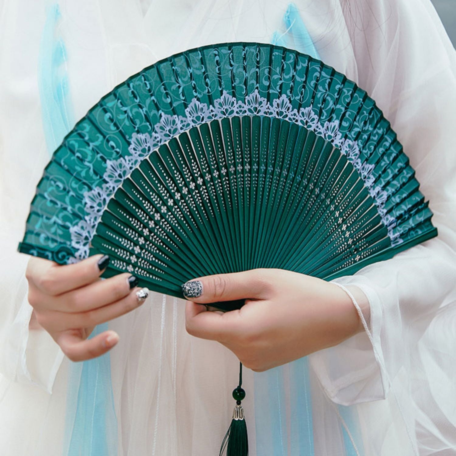 Tranquil Teal Silk Fan
