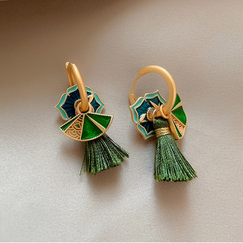 Green Fan Tassel Earrings
