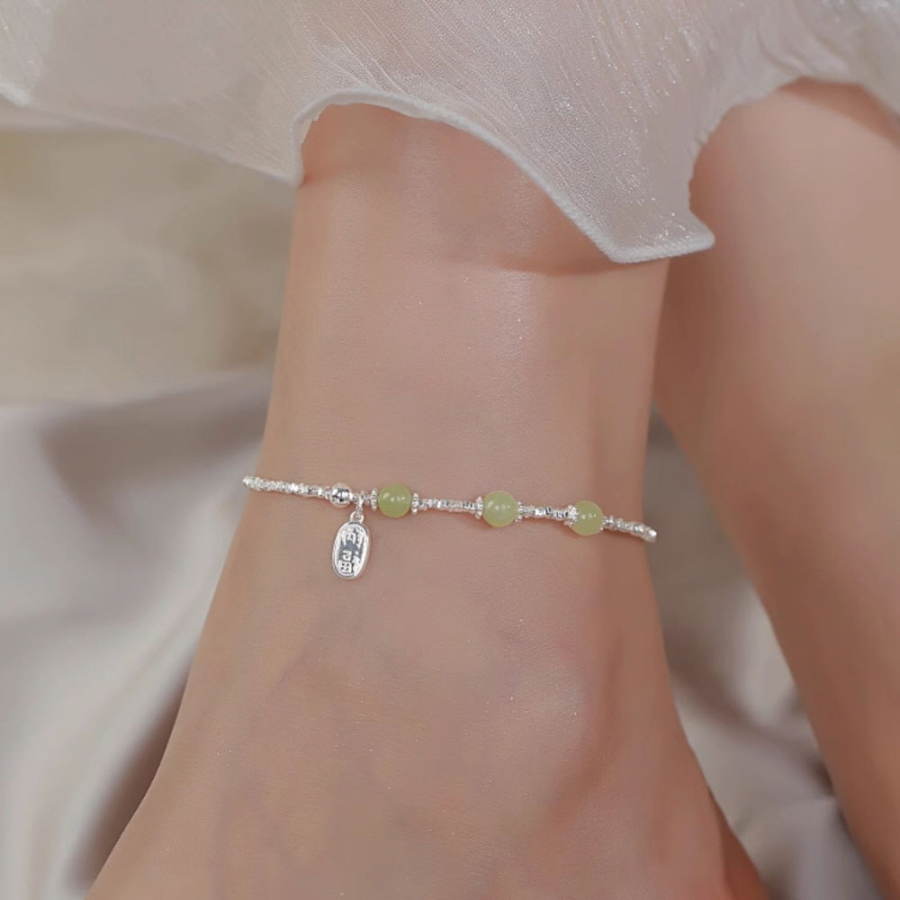 Silver Jade Heart-Center Anklet