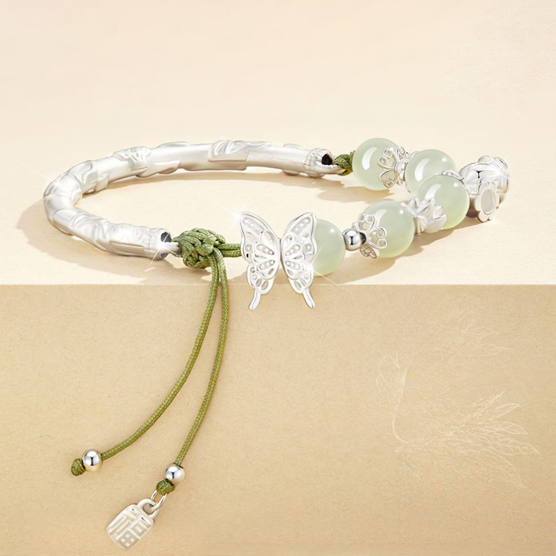 Silver Butterfly Green Cord Bracelet