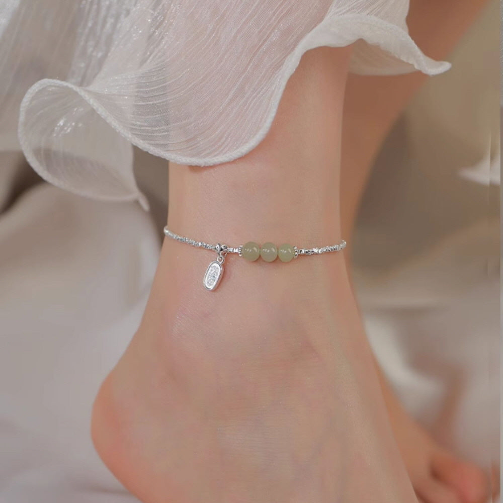 Silver Jade Heart-Center Anklet