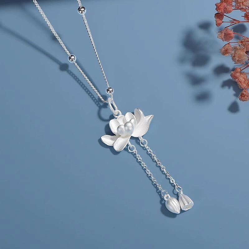 Lotus Dew Drop Silver Necklace