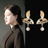 Golden Fan-shaped Pearl Earrings