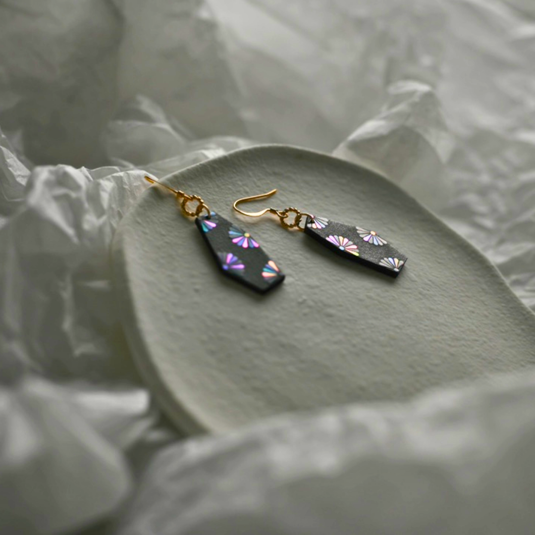 Radiant Ebony Daisies Lacquer Earrings
