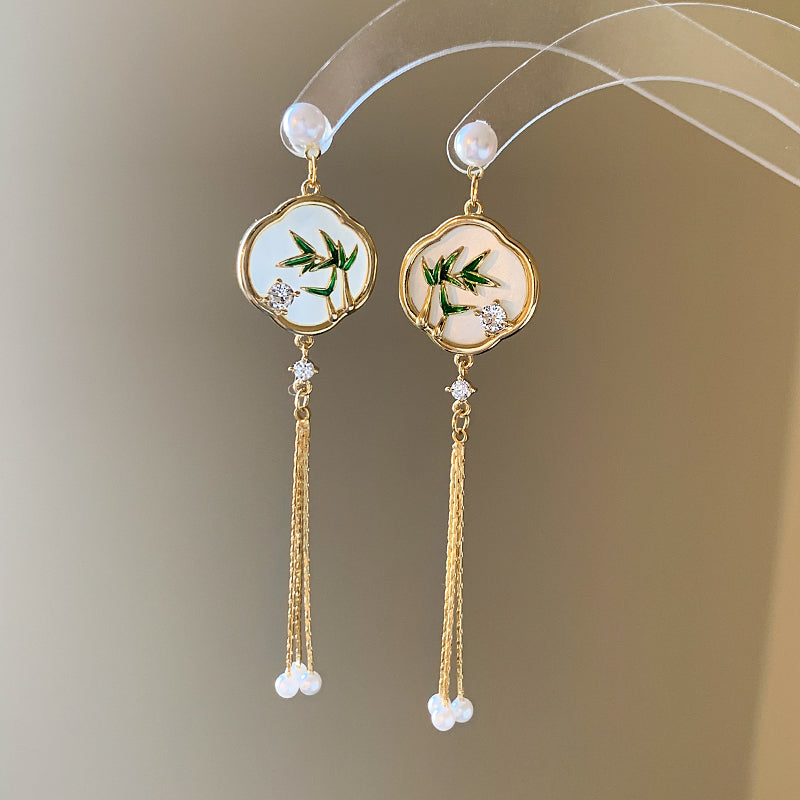 Emerald Bamboo Tassel Earrings