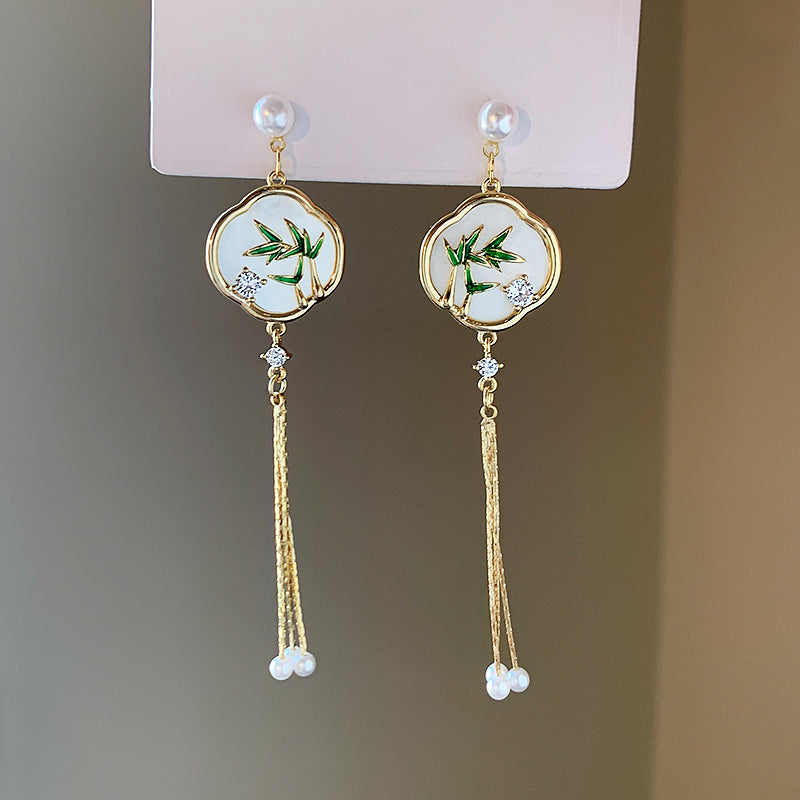 Emerald Bamboo Tassel Earrings