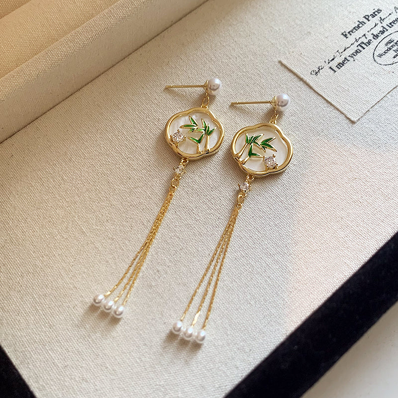 Emerald Bamboo Tassel Earrings