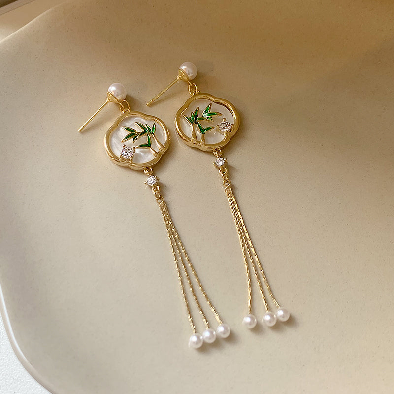 Emerald Bamboo Tassel Earrings