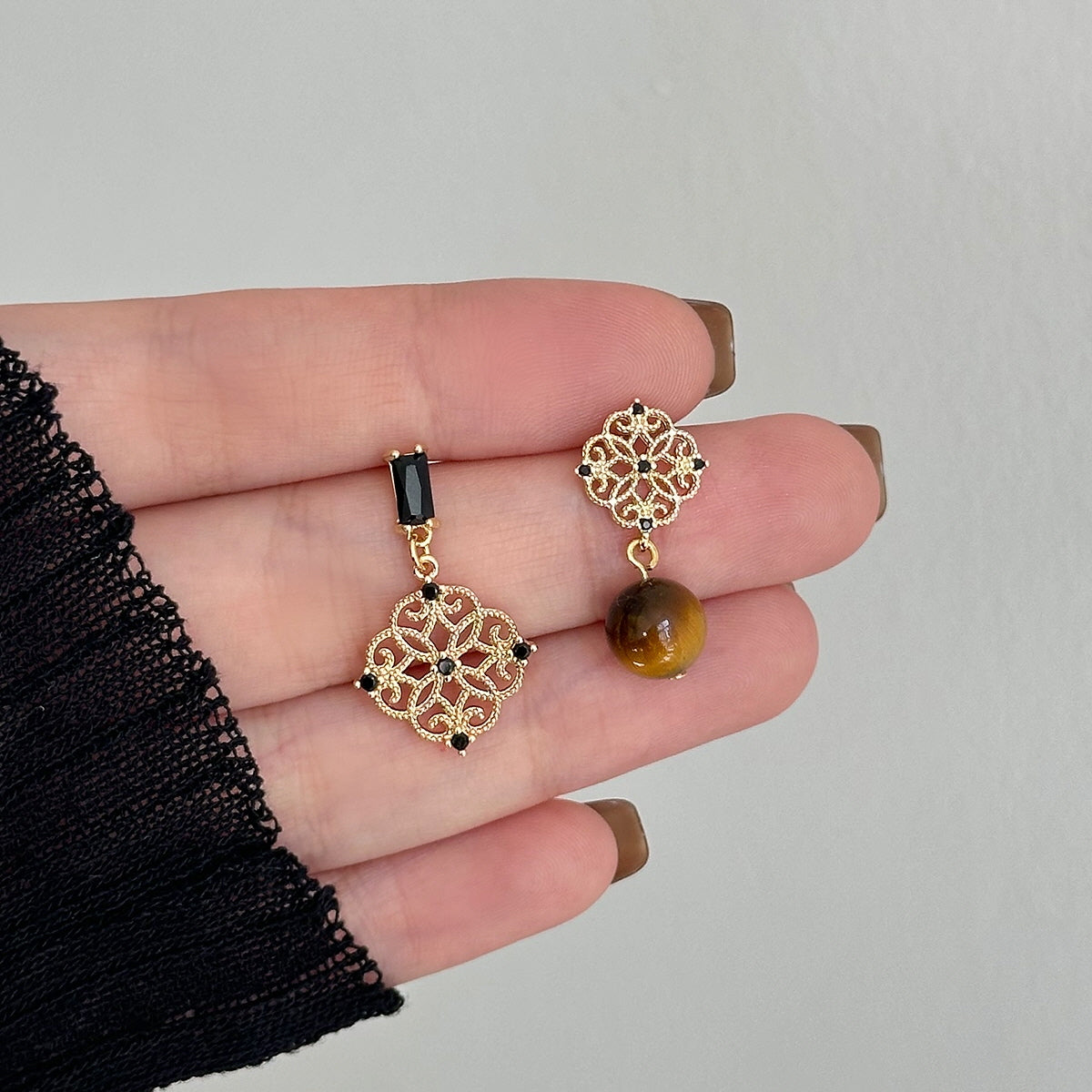 Tiger Eye Black Crystal Earrings