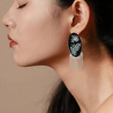 Oval Mother-of-Pearl Tassel Earrings